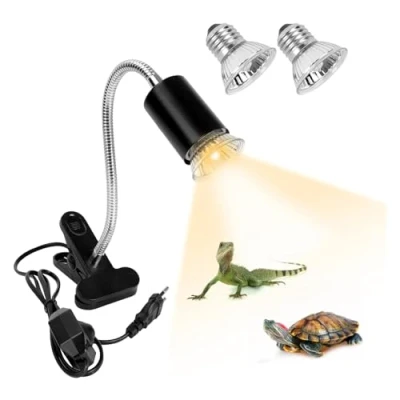 Bild av Sköldpaddavärmelampa, med 2 glödlampor (50 W UVA/UVB lampa) och termometer, E27, glödlampa, 360 justerbar, reptil amfibielampa, för sköldpadda, orm, ödla (svart)