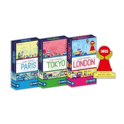Bild av HCM Kinzel Bundle Next Station London, Tokyo, Paris brädspel, 3 spelset, Flip och Write presenning tunnelbanät med skicklighet strategi, för 14 spelare, från 8 år