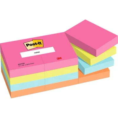 Bild av Post it Notes Poptimistisk färgsamling, paket med 12 dynor, 100 ark per dyna, 38 mm x 51 mm, rosa, grön, blå, orange självklistrande anteckningar för anteckningar, att göra listor och påminnelser