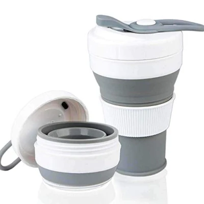 Bild av AniSqui Hopfällbar kaffekopp silikon [kopp mun med tråd], (4,6 dl 450 ml, BPA fri miljövänlig återanvändbar kaffekopp), bärbar lock, hopfällbara kaffemuggar (grå)