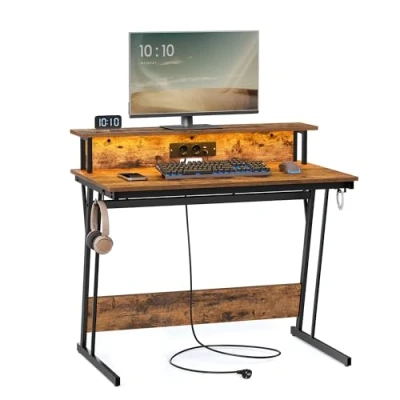 Bild av VASAGLE Gaming Skrivbord med LED och Power Strip, Gamer Bord, Dator Screen Riser, för 2 datorer, sovrum, 60 x 100 76 cm, Rustik Brun LWD191K01
