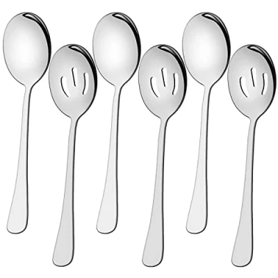 Bild av 6 delad serveringssked set 22 cm, innehåller 3 serveringsskedar och slitsade skedar, rostfritt stål buffé bankett sked, stora skedar redskap bestickset