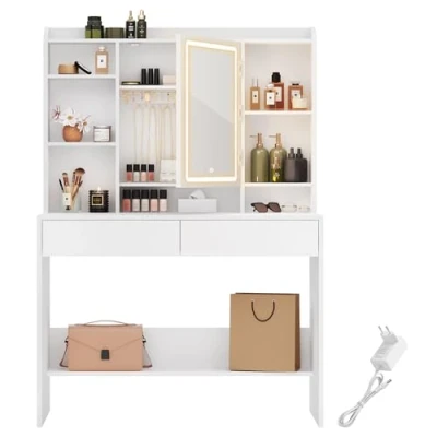 Bild av VASAGLE Sminkbord med LED belysning, 3 färger justerbar ljusstyrka, spegel för smink, justerbara hyllor, 2 lådor, Modern, Vit RDT123T14