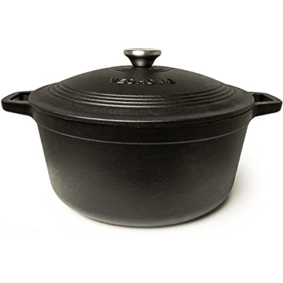 Bild av VeoHome 6L emaljerad gjutjärnsgryta, induktionskompatibel gryta, gas/ugn, homogen matlagning, autentiska smaker, relieflock (svart matt, rund 6 liter (28 cm))