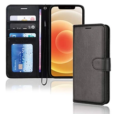 Bild av TECHGEAR iPhone 12 Mini läder plånboksfodral, vikbart skyddande fodral med plånbok korthållare, stativ och handledsrem svart PU magnetisk stängning designad för