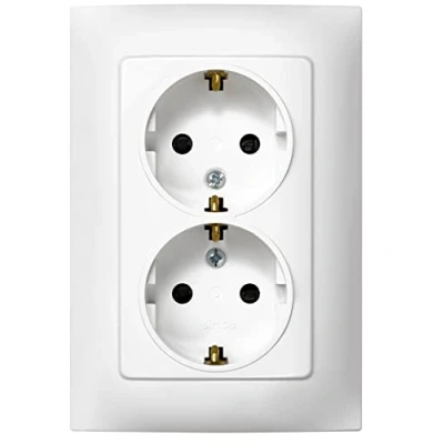 Bild av Simon Schuko dubbelt infällt uttag, serie 10, 250 V, 10 A, platt och tunn vägguttag, lätt att installera, inklusive ram, lock mekanik, honkontakt vit