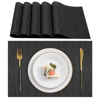 Bild av Lumaca Tvättbara Bordsunderlägg, Bordsmattor set om 6, (70% PVC, 30% polyester), Värmebeständig, Halkfri, för Köksbord och Eestauranger, Svart