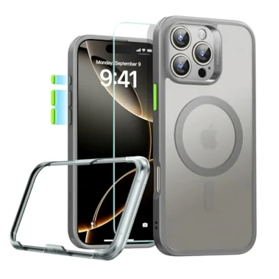 Bild av ESR fodral för iPhone 16 Pro (4 i 1 set), genomskinligt matt med skärmskydd 16, kompatibelt MagSafe, militärt skydd, klassisk serie, grå