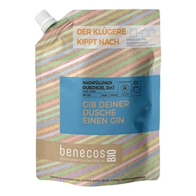 Bild av benecosBIO påfyllningspåse duschgel 2 i 1 ekologisk gin hud och hår ge din dusch en vegansk återvunnen plast
