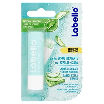 Bild av Labello aloe vera fuktgivande skrubb 4,8 g, läppskrubb med exfolierande partiklar, bio och E vitamin, utan mineraloljor mikroplast