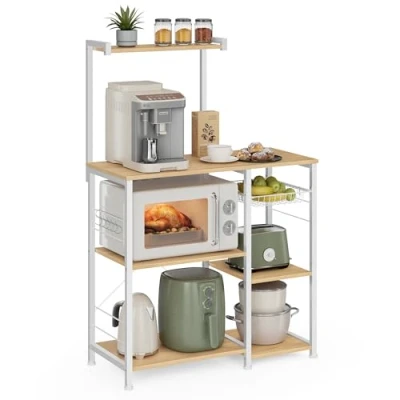 Bild av VASAGLE Kökshylla, stående hylla, bagarhylla med metallkorg, 6 krokar, mikrovågsugnshylla, för kryddor, kastruller och stekpannor, modern, ekbeige klassisk vit KKS035W09