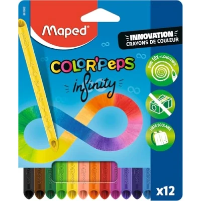 Bild av Maped Color&#039;Peps Infinity färgpennor 100% min, användbar noll avfall utan trimning varar mycket lång tid ergonomisk triangelform påse med 12 pennor