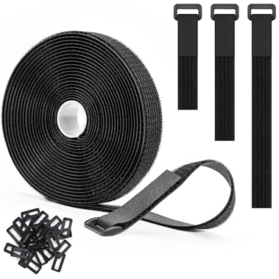 Bild av Trilancer Återanvändbara Kardborreband 5m x 2.5cm, Justerbara Kabelband med 25 öglor, Klippbara Band för Kabelhantering Och förvaring, Svarta