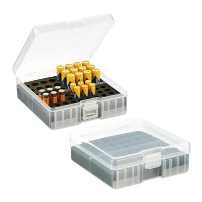 Bild av Relaxdays batterilåda, set om 2, för 60 AA och AAA batterier, HxBxD: 5,5 x 15 15,5 cm, transparent/svart