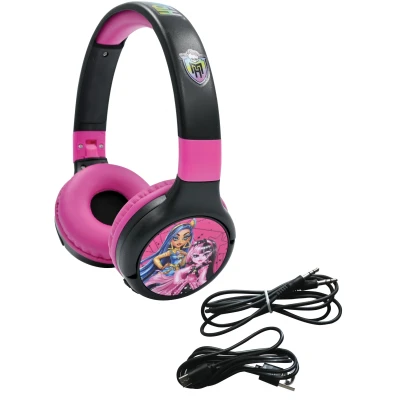 Bild av Lexibook, Monster High, 2 i 1 Bluetooth &amp; trådbundna hörlurar med mikrofon och kontrollknappar, vikbara justerbara, långvarigt uppladdningsbart batteri, rosa/svart, HPBT010MH