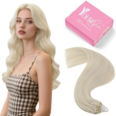 Bild av YoungSee Blond mikroslinga förlängning, 22 tum/22 tum/55 cm, hårförlängning, mikroring, blond, naturlig platinablond, kall naturliga blonda ringar, 50 g/50 g