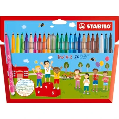 Bild av Tuschpenna STABILO Trio A Z förpackning med 24 Blandade färger inklusive 4 neonfärger