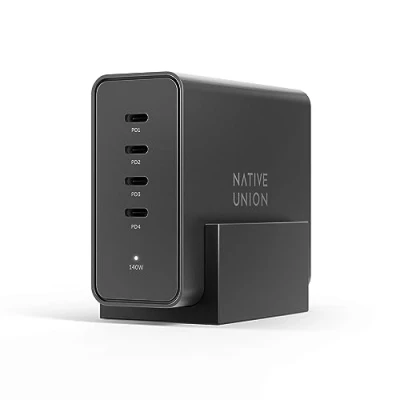 Bild av Native Union Fast GaN Charger PD 140W 4 portars Power Delivery 3.1 stationär laddningsstation med skrivbordsstativ för MacBook Pro, iPads, iPhones, Galaxy och de flesta typ C enheter
