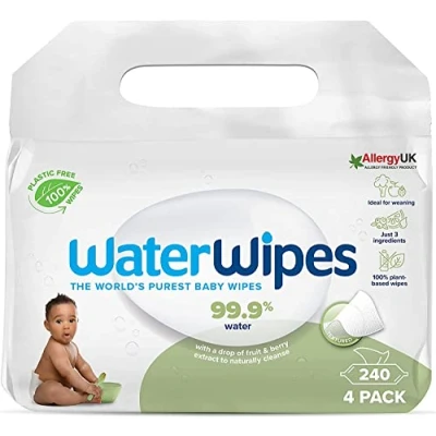Bild av WaterWipes Plastfria, texturerade och rena, småbarns babyvåtservetter, 240 st. (4 förpackningar), 99,9 % vattenbaserade våtservetter, oparfymerade för känslig hud