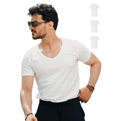 Bild av SKIPPER 3 pack stretch basic t shirts för män, v ringad, djup affärsundertröja, vit av 95 % bomull och 5 elastan högkvalitativa mjuka kortärmade undertröjor V, Vit, XXL