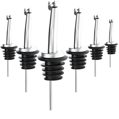 Bild av com four® 6x flaskhällare med skyddande lock doseringshäll av rostfritt stål portioner för snaps, rom, whisky, drycker, vinäger, olja (06 bitar silverfärgade lock)