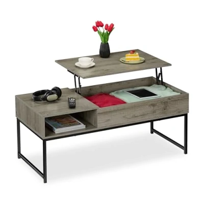 Bild av Relaxdays Soffbord med utdragbar bricka, HLP: 45 x 110 50 cm, trä och metalleffekt, vardagsrum, grå