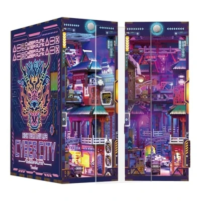 Bild av Tonecheer Book nook Kit 3D träpussel boknooks gör det själv modellbyggsatser vuxna att bygga miniatyr hus bokhylla bok med ljus rolig present födelsedagspresent (cyber City)