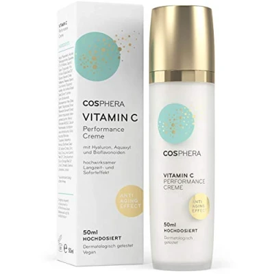 Bild av Cosphera® Vitamin C Performance Cream 50 ml med hyaluronsyra vegansk dag och nattkräm hög dos för ansikte, hals, ögon anti rynk fuktbehandling kvinnor män