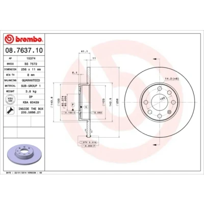 Bild av BREMBO 08.7637.10 Disque de frein 256 11 4 plein avec vis/boulons OPEL: Astra G CC, Caravan, Berline