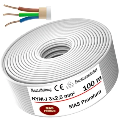 Bild av MAS Premium våtrumskabel strömkabel 5200 m mantelkabel NYM J 3 x 1, 5, 2,5, 4, 6, 10 eller 5 1,5, 10, 16, elkabel för fast läggning (NYM 2, mm², 100 m)