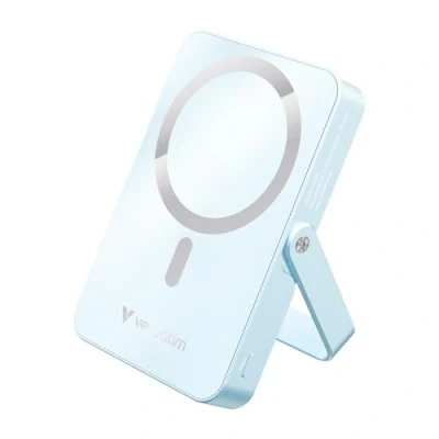 Bild av Verbatim Charge &#039;n&#039; Go MagSafe Powerbank 10 000 mAh blå 15 W magnetisk PD 22 snabbladdningsfunktion LED display och fällbart stativ för iPhone 16/15/14/13/12 Pro/Pro Max inkl. USB C kabel