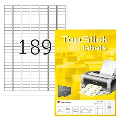 Bild av TopStick 8780 universella etiketter A4 mini (25,4 x 10 mm, 100 ark, papper, matt) självhäftande, utskrivbara, permanenta adressetiketter, 18 900 klistermärken, vit