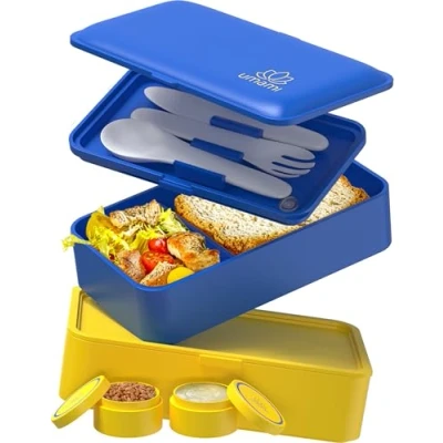 Bild av Umami Allt i ett bentolåda på 1 200 ml för vuxna/barn med såsburk och 4 bestick, BPA fri lunchlåda män/kvinnor, 2 meal prep lådor, mikrovågsugn, diskmaskin frys