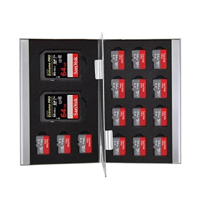 Bild av King OF FLASH minneskortshållare fodral, smal silveraluminium, stötsäker, rymmer 2 SD/SDHC minneskort och 15 Micro SDHC
