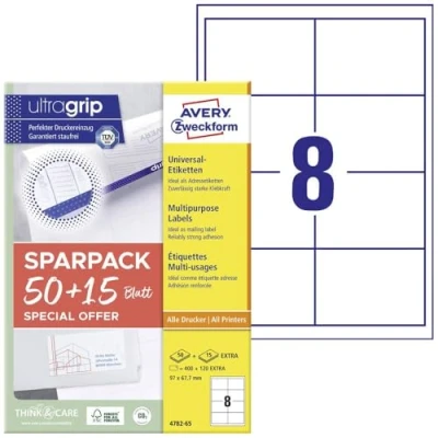 Bild av AVERY Zweckform 4782 65 universella etiketter (400 plus 120 självhäftande extra, 97 x 67,7 mm på A4, tryckbara fraktetiketter, fraktklistermärken med ultragrip) ark, vit