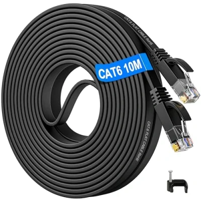 Bild av Nätverkskabel 10m, Ethernet Kabel Utomhus Cat 6 Lan 10m Lång Platt Internetkabel Höghastighets 1 Gbps Gigabit Cable Svart RJ45 Patchkabel Slim för Router Switch Modem