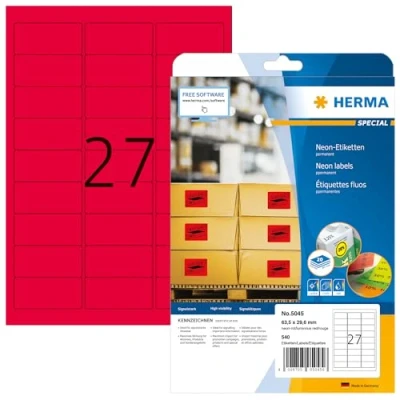 Bild av HERMA 5045 neonetiketter A4 (63,5 x 29,6 mm, 20 ark, papper, matt) självhäftande, utskrivbara, permanenta färgade etiketter, 540 klistermärken, neon röd