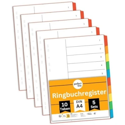 Bild av perfect line 5 pack A4 register i färg med tio flikar (5x10), 22,3 x 29,7 cm, försättsblad, kartong färger, 160 g, perfekta separationsblad för att organisera pärmarna på kontoret