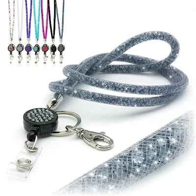 Bild av CKB LTD Grå gnistrande Nyckelband, snodd korthållare för nacke strass glitter kristall ädelstenar halsrem med svängbar metallklämma och glittrande bling infällbar rulle ID bricka hållare klämma 1 st