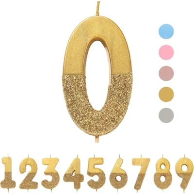 Bild av Födelsedagsljus nummer 0 guld med paljetter Premium tårtdekoration vacker, glittrande för barn, vuxna, 10:e, 20:e, 50:e, 80:e fest, födelsedag, milstolpe ålder