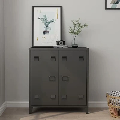 Bild av Metallskåp Oripää vardagsrumsskåp 90 x 80 33 cm arkivskåp, verkstadsskåp med 2 dörrar och höjdjusterbara hyllor, svart