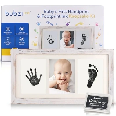 Bild av Bubzi baby hand och fotavtryckskit babyminnessak ny mamma gåva handtryck fotavtryck kit med bläckdyna för fotspår unika babyshower gåvor nya föräldrar (vit tvätt