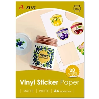 Bild av A SUB Vit matt premium vattentätt utskrivbart vinyldekalpapper, självhäftande vinyletiketter för bläckstråleskrivare, A4 storlek, 20 ark