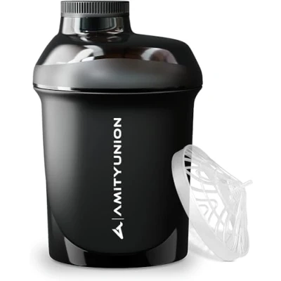 Bild av AMITYUNION protein Shaker 400 ml med sil proteinskakare liten läckagesäker BPA fri, skala för krämiga vassproteinpulvershakes, BCAA koncentrat i svart
