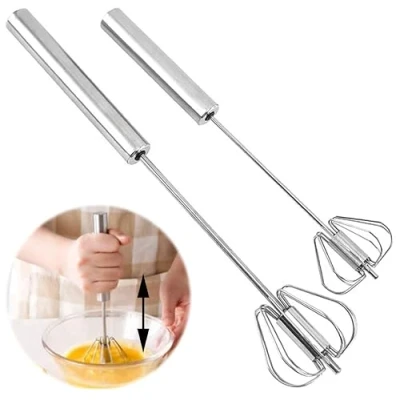 Bild av 2 stycken äggvisp, vispar i rostfritt stål, handtrycks vispmixer, halvautomatisk visp, mixerballong, äggmjölkvisp, mjölkskummare, roterande tryckvispmixer, för blandning, vispning, slå