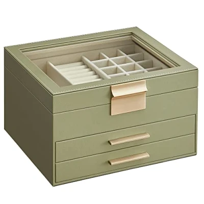 Bild av SONGMICS Smyckeskrin, 3 vånings smyckeskrin med glaslock, 2 lådor, smyckeförvaring, förvaringsutrymme, modernt, presentidé, 20,3 x 23,1 13,5 cm, avokado grönguld JBC239C02
