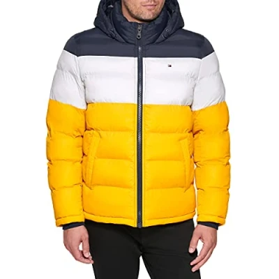 Bild av Tommy Hilfiger herr klassisk pufferjacka med huva (standard och stor lång) dun alternativ ytterkläder rock, Midnatt/Is/Gul, XL