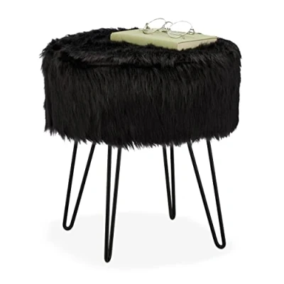Bild av Relaxdays Pall, vadderad plyschpall, rund, metallram, sminkpall H x D: 41 37 cm, svart