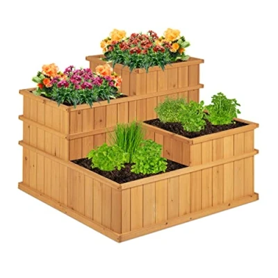 Bild av Relaxdays Upphöjd bädd, upphöjd, 4 planteringslådor, trädgård, balkong, terrass; planteringsbädd av trä, H x B D: 61 81 cm, natur