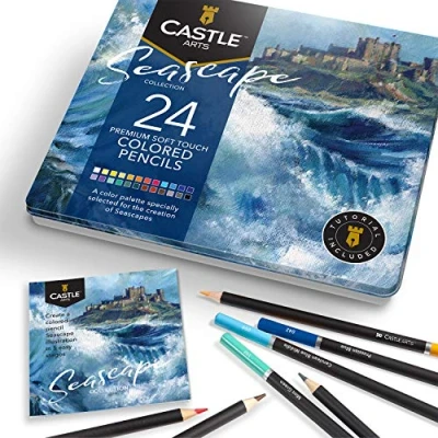 Bild av Castle Art Supplies Set med 24 färgpennor Seascape för vuxna, konstnärer Idealisk skissning Färgning Ritningskvalitet släta kärnor Överlägsen blandnings och lagerprestanda som ger resultat